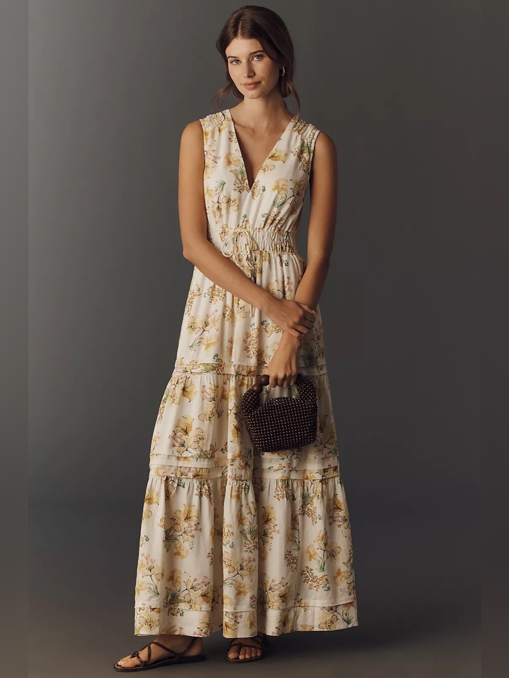 NWT Anthropologie Somerset Linen Sleeveless Maxi Dress Ivory Pattern Floral